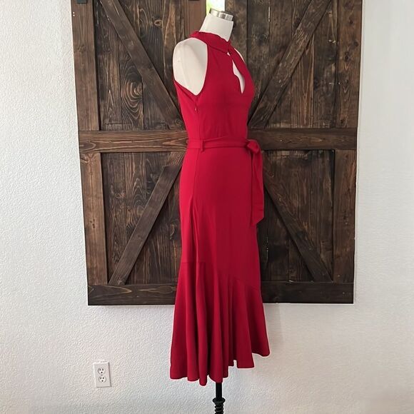 JASAMBAC Elegant Criss Cross Halter Neck Ruffle Hem Belted Bodycon Dress - Picture 10 of 14